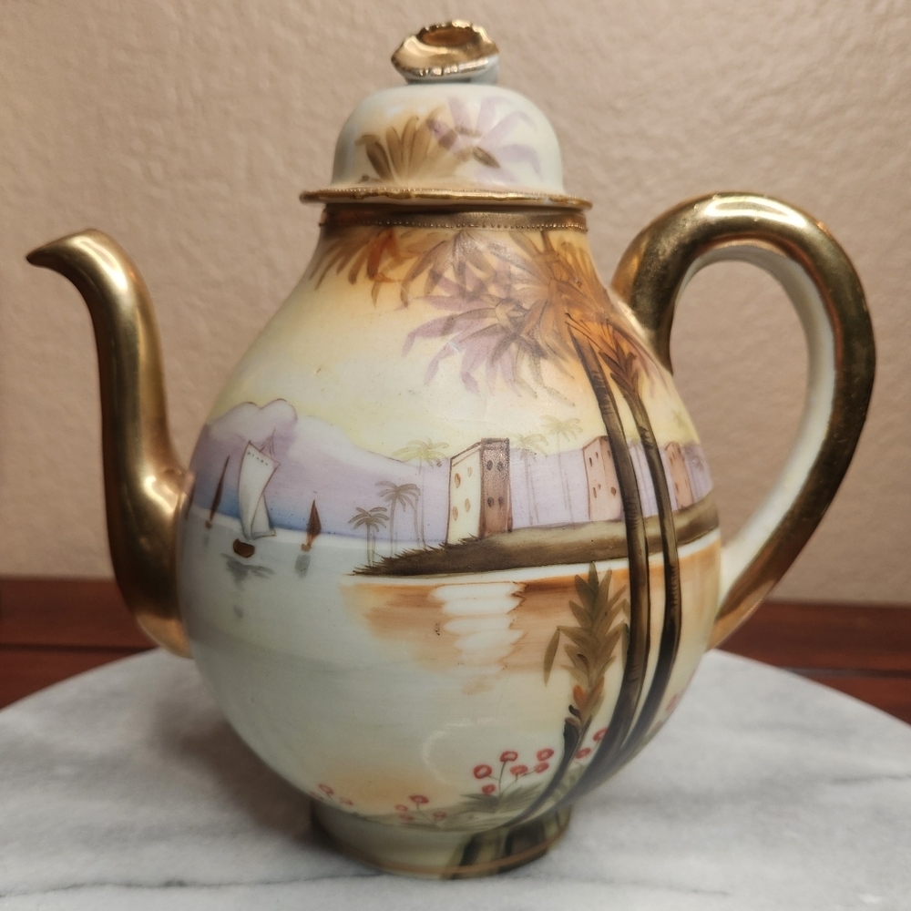 Vintage Nippon Hand Painted Palm Tree Tea Set Porcelain Good Condition